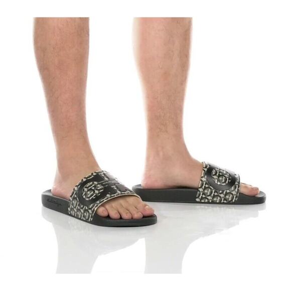 NIB FERRAGAMO GROOVE 6 BEIGE BLACK RUBBER GANCINI LOGO SANDALS SLIDES 11 M - Picture 2 of 15